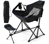 Foldable chair,Hammock Camping Chair, Folding Swing Chair with Retractable Footrest, Adjustable Back, Head Pillow, Cup Holder & Carry Bag, Portable Rocking Recliner for Picnic Fishing Hiking (Black)(B