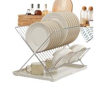 Foldable Dish Drying Rack - Carbon Steel PP 2 Tier Standard Size | Countertop Drainer Organizer with Detachable Tray, Plate Storage, Cutlery Airflow | Kitchen Counter Stand Apartments, Family Homes