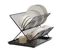 Foldable Dish Drying Rack with Drainboard,2 Tier Dish Rack for Kitchen Counter,Foldable Space-Saving Design Drying Rack for Dishes, Plates, and Cups(Zwart)