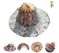 Foldable Hand Fan Sun Hat,Women 2 in 1 Flower Pattern Sunhat,Summer Travel Portable Bamboo Frame Floral Printed Beach Hats (A)