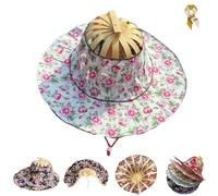 Foldable Hand Fan Sun Hat,Women 2 in 1 Flower Pattern Sunhat,Summer Travel Portable Bamboo Frame Floral Printed Beach Hats (H)