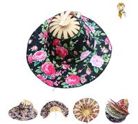 Foldable Hand Fan Sun Hat,Women 2 in 1 Flower Pattern Sunhat,Summer Travel Portable Bamboo Frame Floral Printed Beach Hats (F)