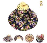 Foldable Hand Fan Sun Hat,Women 2 in 1 Flower Pattern Sunhat,Summer Travel Portable Bamboo Frame Floral Printed Beach Hats (E)