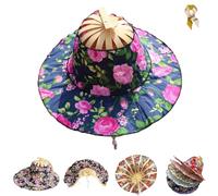 Foldable Hand Fan Sun Hat,Women 2 in 1 Flower Pattern Sunhat,Summer Travel Portable Bamboo Frame Floral Printed Beach Hats (G)
