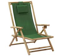 Foldable Reclining Relax Chair in Bamboo and Green Fabric, Adjustable 4-Position Backrest, Outdoor Indoor Lounger for Garden Patio Balcony, Comfortable Portable Folding Chair with Easy Storage