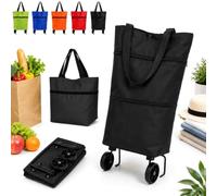 Foldable Shopping Bag with Wheels, 2-in-1 Foldable Shopping Cart, Reusable Waterproof Trolley Collapsible Grocery Shopping Tote Bag Cart with Wheels for Supermarket Laundry Travel (Black)