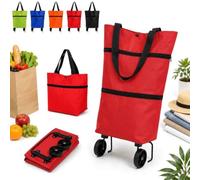 Foldable Shopping Bag with Wheels, 2-in-1 Foldable Shopping Cart, Reusable Waterproof Trolley Collapsible Grocery Shopping Tote Bag Cart with Wheels for Supermarket Laundry Travel (Red)