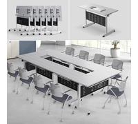 Folding Conference Room Tables with Wheels Modern Rectangular Foldable Conference Desk, Flip Top Mobile Training Desk Meeting Table for Office Meeting Class room