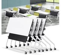 Folding Conference Table, Mobile Training Desk with Silent Wheels Flip Top Rolling Seminar Meeting Desk Business Style Wooden Meeting Table for Office, Conference Rooms, Training Rooms, Classr
