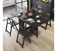 Folding Dining Table Set, Extendable Drop Leaf Solid Wood Table with Foldable Chairs, Drawers & Wheels, Space-Saving Design for Kitchen Dining Living Room Small Spaces(Black+6 Chairs,140CM/55IN)