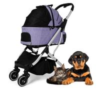 Folding Dog Pram Pet Stroller Buggy, Dog Strollers for Medium Small Dogs, Cat Dog Stroller Travel Carrier Cart Detachable Dog Prams Pushchairs, Large Capacity Net(Purple)