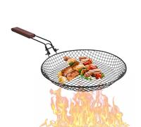 Folding Grill Basket, Rustproof Stainless Steel, Round Shape, Wood Handle, Foldable Design, Portable Lightweight, for Outdoor Camping, Fish, Shrimp, Vegetables, 22.24x12.2x1.5 inches