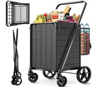 Folding Shopping Cart for Groceries,360 lbs Capacity Grocery Cart with Waterproof Liner and 360° Swiveling Wheels Collapsible Shopping Carts with Double Basket for Condo Laundry Transport Trip
