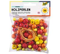 folia 22971 - Perle di legno Sunshine Mix giallo/rosso, 60 g equivale a 85 pezzi, in diversi colori e forme, per creare collane e bracciali, con 2 corde da circa 85 cm