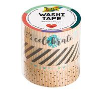 folia 26447 - Nastro adesivo washi in carta di riso, set da 4 pezzi di carta kraft "Let's celebrate", 3 rotoli da 10 m x 15 mm e 1 rotolo da 10 m x 5 mm, ideale per decorare e decorare album di ritagli