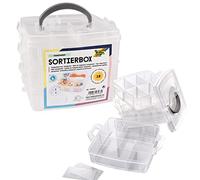 folia 43002 - Scatola portaoggetti in plastica trasparente con maniglia e 18 scomparti variabili su 3 livelli, circa 15 x 15 x 12,5 cm, per piccoli materiali di bricolage, bottoni, perle, gioielli e molto altro ancora.