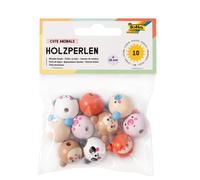 folia Beads, 10 Round Wooden Balls with Cute Animal Faces, Assorted in 5 Designs