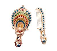 Folpus Set di pettini per specchi antichi, specchio a mano in rilievo, specchio da toeletta personale portatile in stile retrò, in metallo decorativo, Pavone