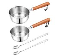 FOMIYES 2 set di mini pentole in acciaio inox da 150 ml e 300 ml - Scalda burro mini con doppio beccuccio e cucchiaini - Pentola per cucinare, scalda caffè e latte con manico in legno