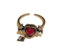 Fomoee Anello da donna a forma di cuore rosso, regolabile, in bronzo, con demoni, Metallo, Non pietra preziosa