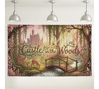 Fondale con castello nel bosco, decorazioni a tema vintage della foresta incantata, scena rustica della pesca per eventi fotografici e feste, 180 x 109 cm