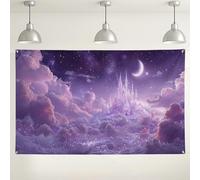 Fondale con nuvole di castello fantasy, decorazioni magiche per feste da sogno, sfondo viola stellato per eventi fotografici, ideale per compleanni e celebrazioni, 180 x 109 cm