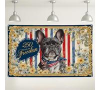 Fondale da parete con cani francesi, decorazioni floreali vintage retrò, sfondo fotografico blu navy e oro, per festa dell'indipendenza, 180 x 109 cm