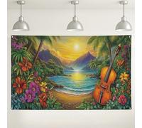 Fondale da parete con violino tropicale, decorazione floreale colorata a tema natura, perfetto per fotografie, eventi estivi, feste all'aperto, 180 x 109 cm