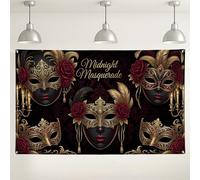 Fondale da parete in maschera di mezzanotte, eleganti decorazioni floreali e piume, sfondo nero e oro per feste per eventi fotografici, forniture per balli in maschera di Halloween, 180 x 109 cm