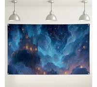 Fondale fantasy con castello notturno e cielo notturno, decorazioni per feste con paesaggio nuvoloso, magico sfondo fotografico per eventi, ideale per Halloween e feste di compleanno, 180 x 109 cm
