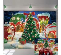 Fondale fotografico con villaggio natalizio in stile cartone animato, sfondo invernale con neve e albero di pino, sfondo animato per feste per bambini, 2,8 x 1,5 m