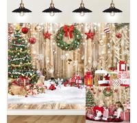 Fondale natalizio da parete in legno con fiocchi di neve, albero di Natale, pavimento in legno, sfondo per neonati, Natale, capodanno, fotografia di famiglia, decorazione per feste (243,8 x 183,8 cm)
