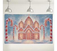 Fondale per feste con motivo a casa di pan di zenzero, bastoncini di zucchero nel paese delle meraviglie invernale, sfondo fotografico per eventi natalizi, 180 x 109 cm