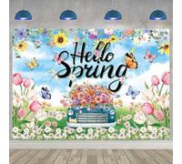 Fondale primaverile colorato floreale farfalla tulipano fiore Hello Spring sfondo fotografico pasquale, vacanze, feste, decorazioni per interni ed esterni, accessori per cabina fotografica (238,8 x