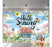 Fondale primaverile colorato floreale farfalla tulipano fiore Hello Spring sfondo fotografico pasquale, vacanze, feste, decorazioni per interni ed esterni (208,3 x 150 cm)
