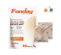 Fonday - Confezione da 60 sacchetti disseccanti in gel di silice ricaricabile, per uso alimentare, riattivabili rapidamente, con indicazione dell'umidità da arancione a verde, 5 g