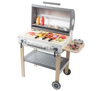 Fonowx Barbecue Giocattolo per Bambini Griglia Finta Carrello Cucina Gioco Set Accessori Legno con Coperchio Manopole Ripiano Laterale Ruote Incoraggia