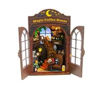 Fonowx Diy Bookend Display Casa in Miniatura Caffetteria Modello Libreria Diorama Kit Legno con Led Comando Manuale Dettagli Finestra Tavolo E Sedie Adatta