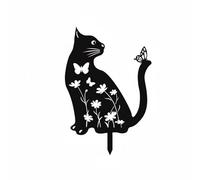 Fonowx Picchetto da Giardino Silhouette Animale Palo Ornamentale Segnapercorso Metallo Nero Taglio Artistico Punta a Terra, Gatto Con Farfalla Sulla Coda, Fiori E Farfalle Sul Corpo