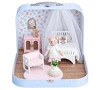 Fonowx Stanza da Letto in Miniatura con Valigetta Compatto Casa Delle Bambole Portatile in Valigetta Effetto Legno Giocattolo per Racconti Creativi, Gatto