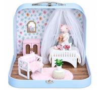 Fonowx Stanza da Letto in Miniatura con Valigetta Compatto Casa Delle Bambole Portatile in Valigetta Effetto Legno Giocattolo per Racconti Creativi, Maiale