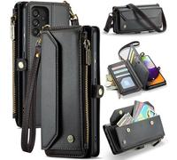 FONREST Custodia a portafoglio in pelle per Samsung Galaxy A52/A52S 5G, custodia magnetica a portafoglio con cavalletto, blocco RFID, slot per contanti, tasca con cerniera, cordino da polso (nero)