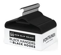 Fontaines - Grucce in velluto antiscivolo, confezione da 50, ultra sottili e salvaspazio, resistenti, con gancio girevole a 360 gradi, per vestiti, abiti, top, colore: nero/nero