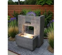 Fontana da giardino con illuminazione, piantumabile, effetto cemento, 57 cm, fontana d'acqua, cascata, bianco caldo