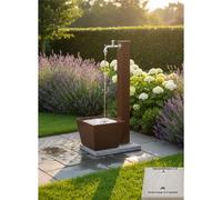 Fontana da Giardino con Rubinetto E vasca Rettangolare Dimensioni 40x40x h 91 - peso 14.3 kg con tubo rubinetto, Colore Ruggine ruggine
