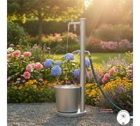 Fontana da Giardino con Rubinetto e vasca Rotonda Dimensioni 30x30x h 88,5 cm - peso 6,5kg con tubo rubinetto, Colore Alluminio