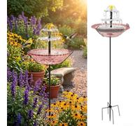 Fontana per uccelli a energia solare con supporto rialzato, fontana d'acqua da esterno per giardino e prato, rosa