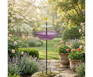 Fontana per uccelli a energia solare con supporto rialzato, fontana d'acqua esterna per giardino e prato, rosa (viola)