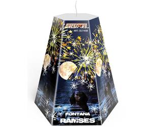 Fontana pirotecnica "Ramses" Cm. 18x18 - Pini dorati e stelle blu e rosse, crack