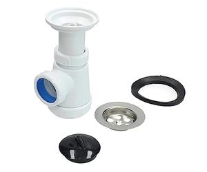Fontastock FSKFSI004 Sifone a bottiglia corto estensibile 1-1/4" 32/40 con uscita orizzontale e griglia di scarico e tappo inclusi